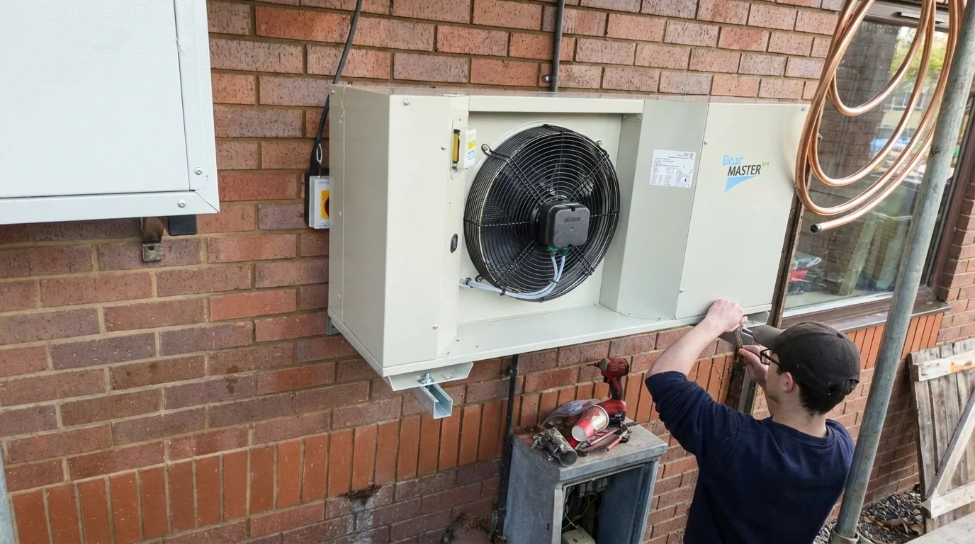 Engineer servicing outdoor HVAC unit